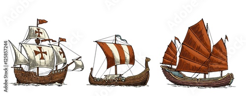 Caravel, drakkar, junk. Set sailing ships floating sea waves.