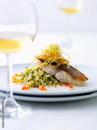 Haute cuisine, loup de mer with bulgur wheat