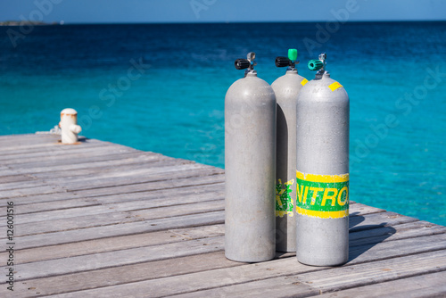 Scuba cylinders on a dock, Bonaire, Netherlands Antilles