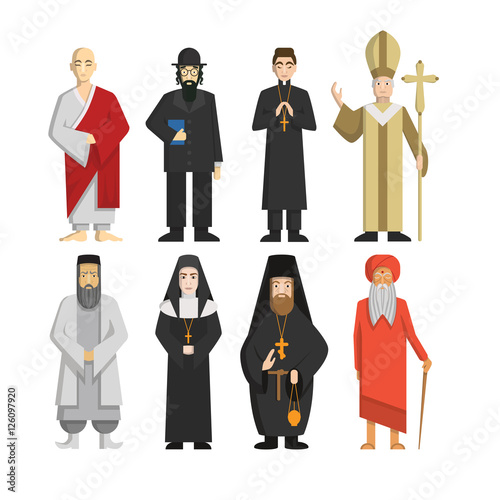 Religion representatives set. Pope and priest, rabbi and monk and others. Religious culture.