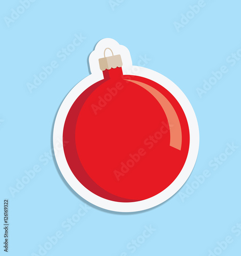 A vector illustration of a red Christmas bauble decoration with a white surround on a light blue background