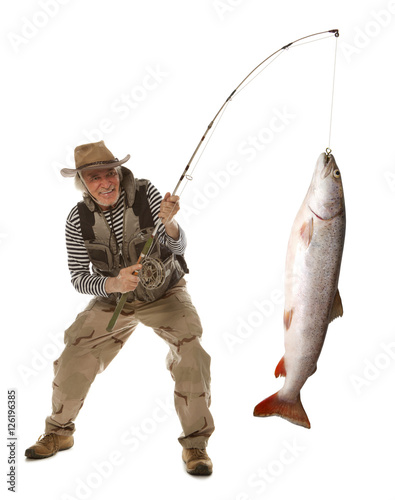 Senior fisherman with big fish - salmon isolated