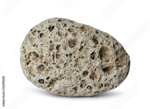 Pebble from gray pumice natural volcanic stone isolated on white background