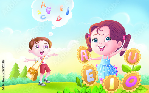 Boy and girl with vowel and alphabet