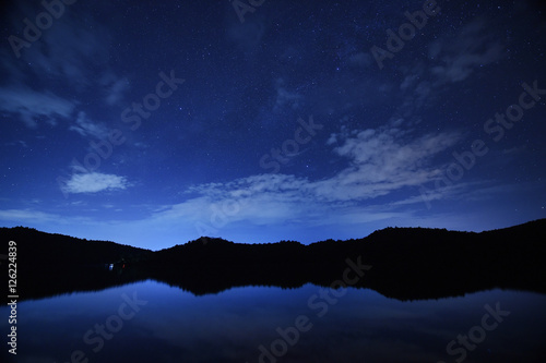 night sky stars with milky way on mountain background on dark blue sky