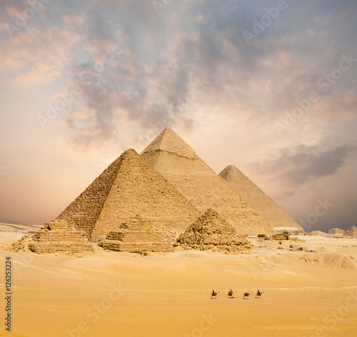 Sunset All Egyptian Pyramids Camels Distant Wide