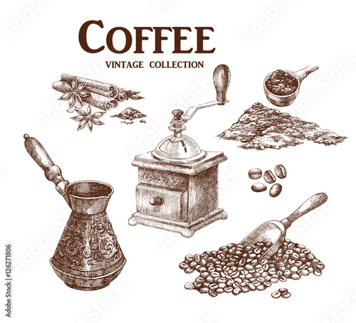 Coffee set. Hand drawn collection in vintage style. Vector illustration. 