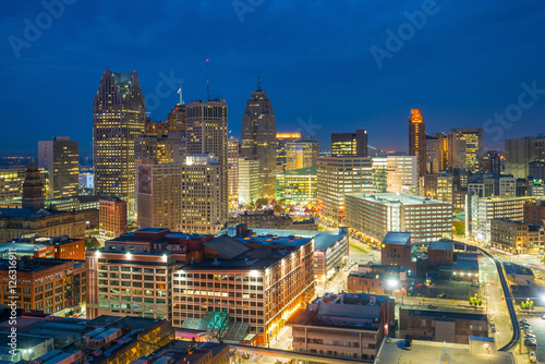 Aerial view of downtown Detroit at twilight