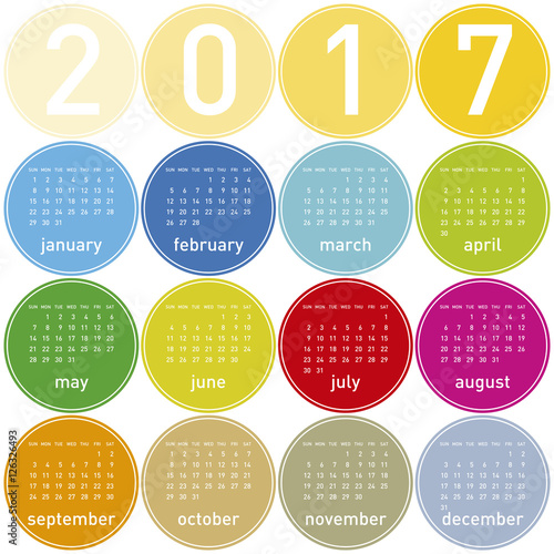 Colorful Calendar for year 2017 in a circles theme, in vector format