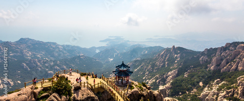 Pavilion on the top of Jufeng trail, Laoshan Mountain, Qingdao, China. Jufeng is the highest trail in Laoshan, where visitors can enjoy beautiful aerial views of the landscape