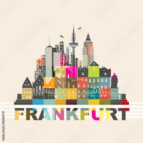 Frankfurt Skyline Sehenswürdigkeiten Umriss Silhouette Wandtatoo Mosaik bunt Schattenbild Grafik Stadt Panorama