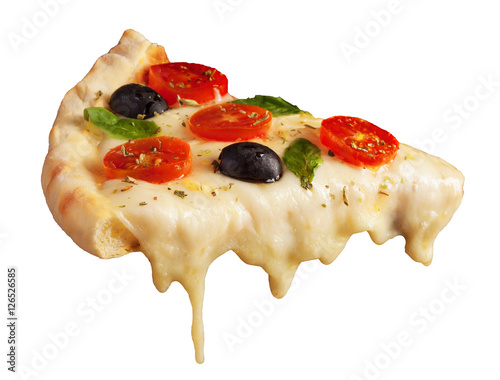 Hot pizza slice with melting cheese isolated on white
