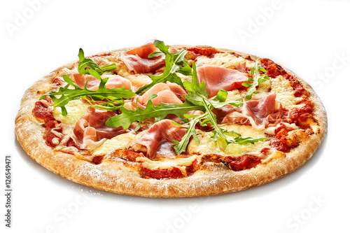 Pizza with ham and rocket salad isolate on white background