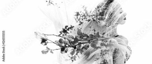 Monochrome double exposure of happy girl dancing and leaves