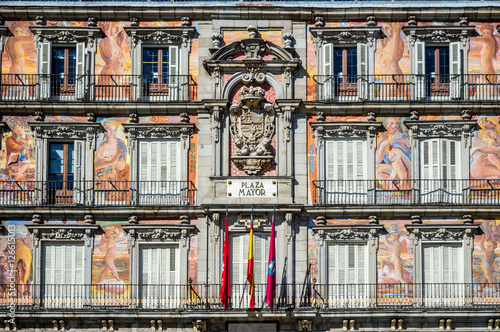 Casa de la Panaderia facade close-up view on Plaza Mayor in Madrid, Spain