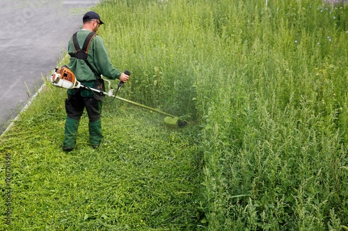 Arbeiter mit Motorsense am Strassenrand in Wiese