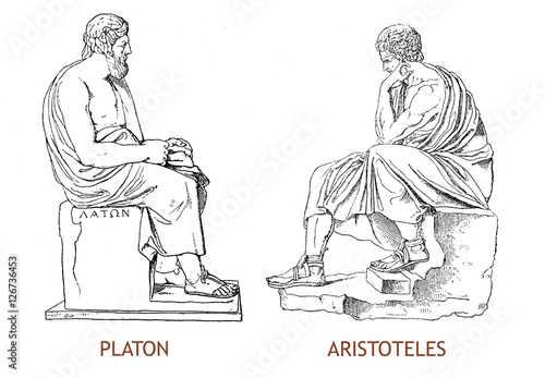 Statues of Platon and Aristoteles, vintage engraving