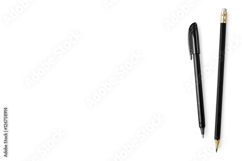 Black pen and pencil are isolated on white background. Top view with copy space, flat lay.