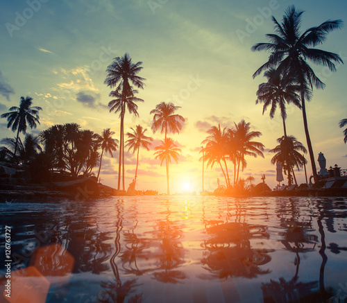 Amazing sunset on sea beach with palm tree.