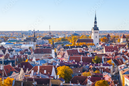 St. John Church, Town Hall, Niguliste church. Towers and red roofs of old capital, Estonia. Aerial view, autumn season
