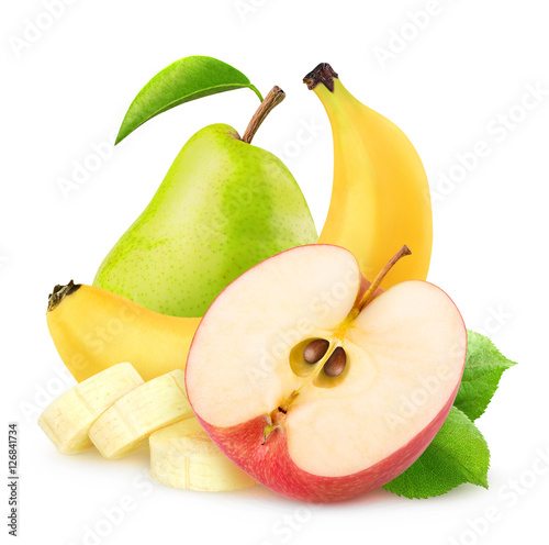 Isolated apple, banana and pear. Half of red apple, peeled sliced banana and green pear fruits (baby food ingredients) isolated on white background with clipping path