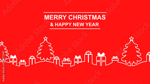 Greeting contour Christmas banner with fir and gifts