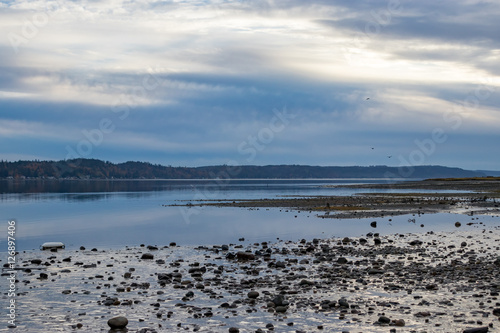 rocky shore near blue water