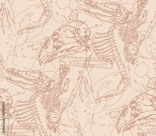 Seamless paleontology pattern with chaotic fossil bones in beige colors as ornament on cave walls