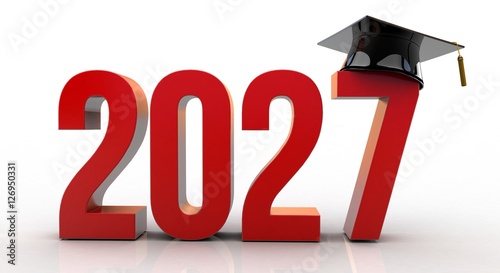 3D Illustration of 2027 text with graduation hat
