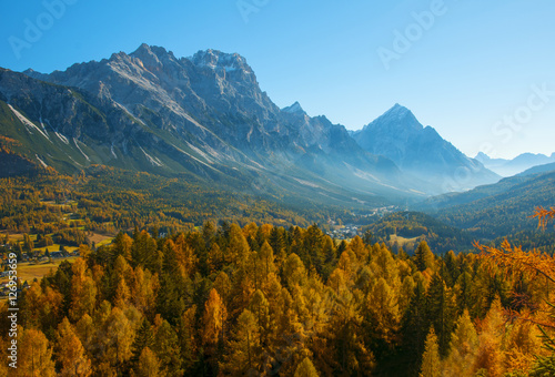 Scenic view of Italian Dolomities at sunny autumn day