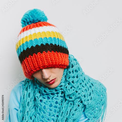  girl Pom pom hat and knitted scarf. Warm fashion accessories