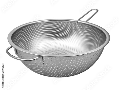 Steel colander with handle isolated on white