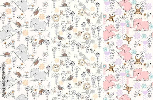 Seamless pattern with cartoon animals with flowers.