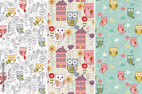 Cute floral seamless pattern with owl and flowers