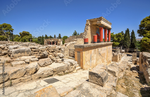 Knossos palace at Crete. Knossos Palace ruins. Heraklion, Crete, Greece. Detail of ancient ruins of famous Minoan palace of Knossos.