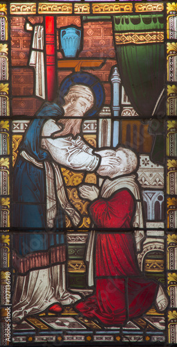 ROME, ITALY - MARCH 9. 2016: The Ananias restoring sight to Saul on the stained glass of All Saints' Anglican Church by workroom Clayton and Hall (19. cent.)