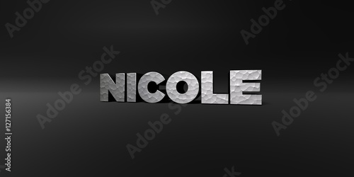 NICOLE - hammered metal finish text on black studio - 3D rendered royalty free stock photo. This image can be used for an online website banner ad or a print postcard.