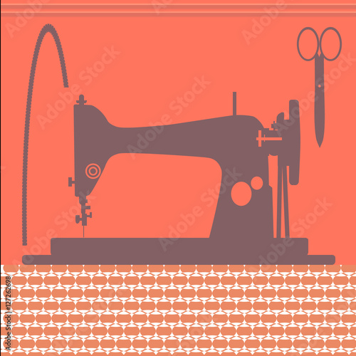силуэт швейной машинки на красном фоне, векторная иллюстрация