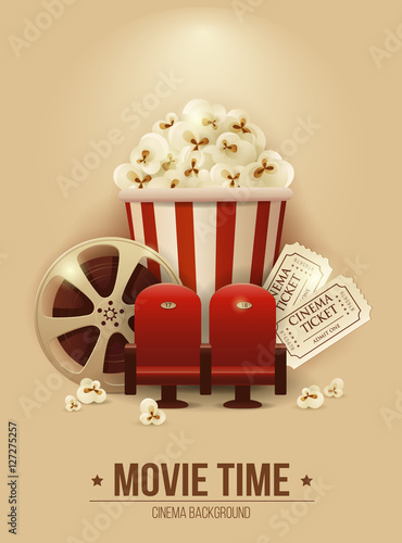 Cinema concept poster with popcorn bowl, cinema chair, film strip and tickets, detailed vector illustration