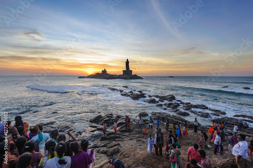 People greet the sunrise in Kanyakumari the southernmost point of the Indian subcontinent, Tamil Nadu, India