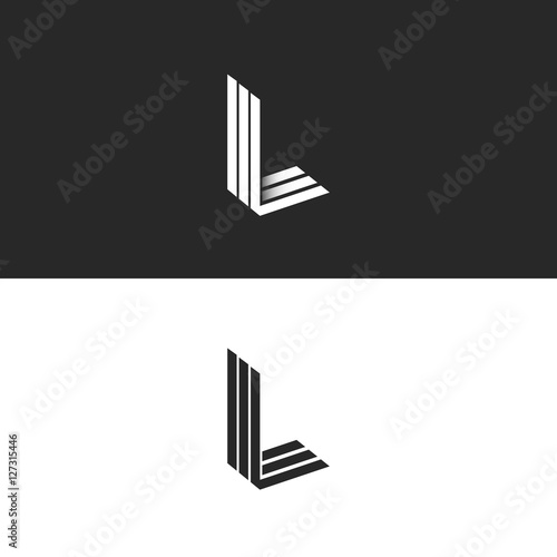 Monogram L logo hipster letter, isometric shape LLL emblem 3D parallel thin line, mockup linear initials typography design element