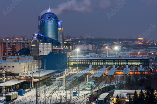 Top view on the railway station office building at winter evening in Samara, Russia