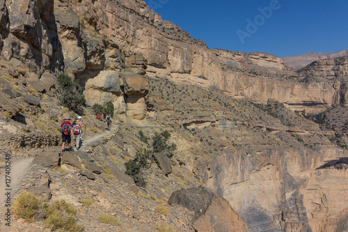 Hiking the balcony trail in Wadi Nakhr, Jabal Shams, Oman. This is the "Grand Canyon" of Oman.
