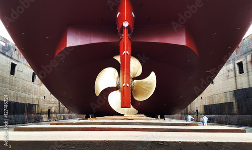 stern and propeller in refitting at drydock