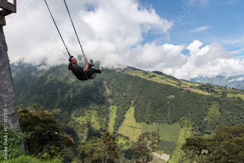 Man swings at Casa del Arbol, swing and treehouse vis-a-vis volcan Tungurahua