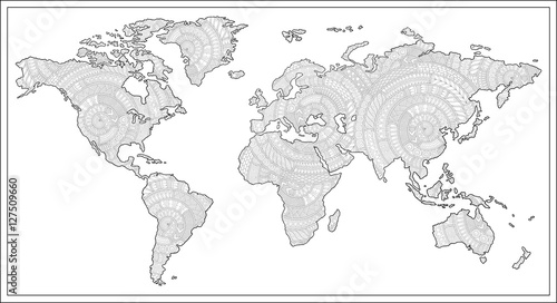  Black and white doodle graphic illustration of map of world