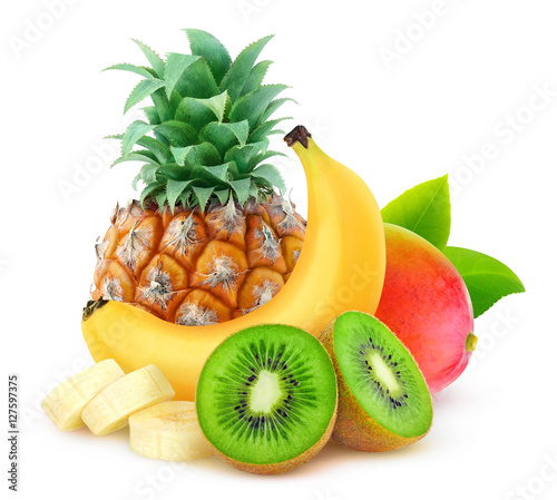 Isolated tropical fruits. Pineapple, banana, kiwi and mango isolated on white background with clipping path