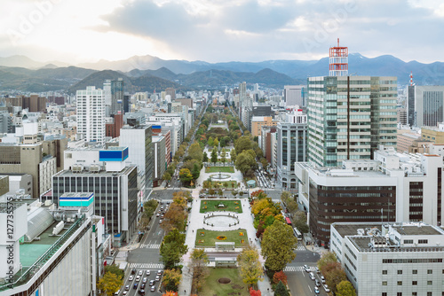 Odori Park in the evening before sunset, Cityscape of Sapporo, Hokkaido, Japan in autumn