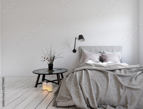 3D render of unmade bed in room with blank wall
