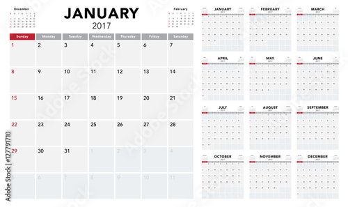 Calendar 2017 template design. Week starts from Sunday